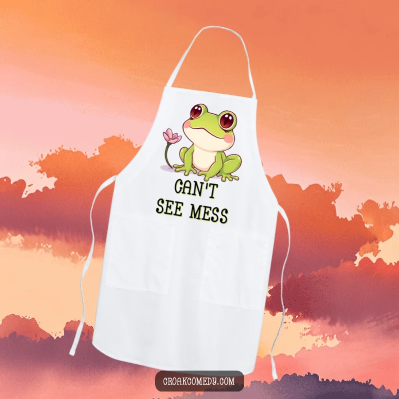 Funny Frog Apron: A frog with crossed eyes peering at a petal, a comical and practical kitchen accessory.