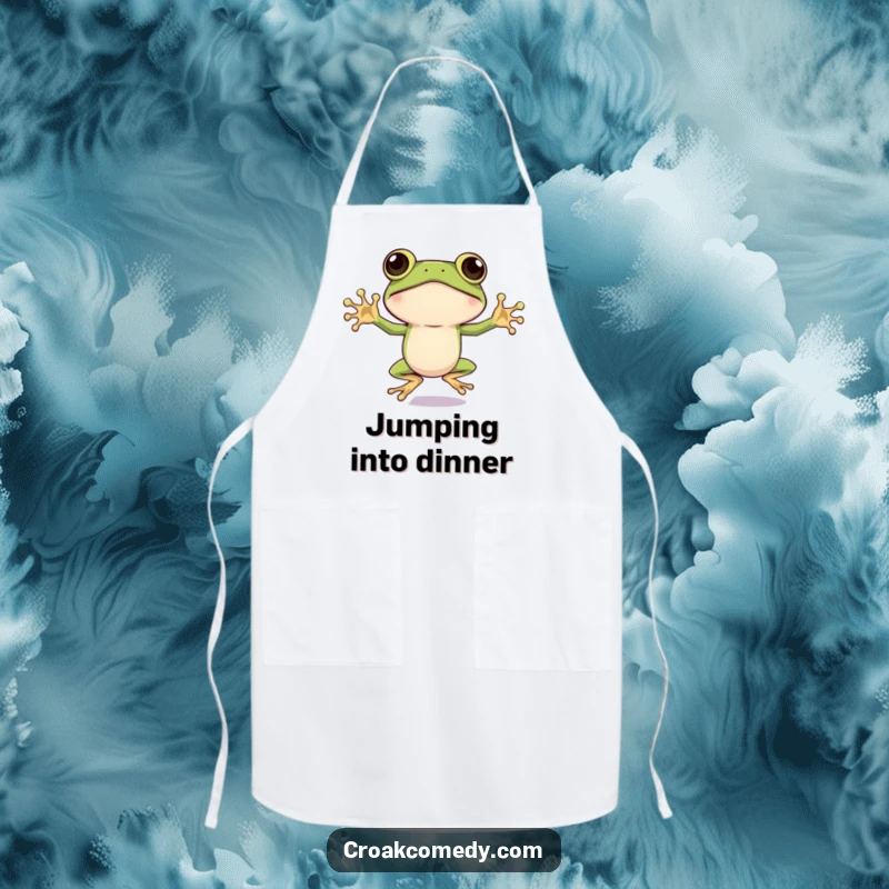 Funny Frog Apron: A big-eyed frog energetically performing a jumping jack, bringing fun and vigor to kitchen activities, a funny gift.