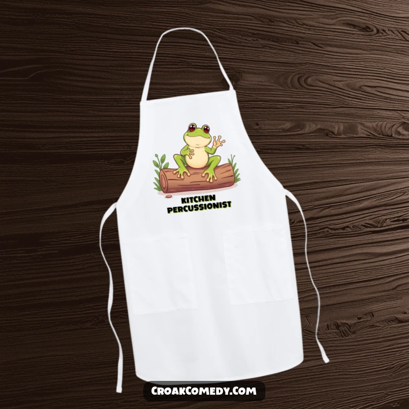 Funny apron featuring a frog with oversized feet tapping a log like a drum, functional and humorous for cooking.