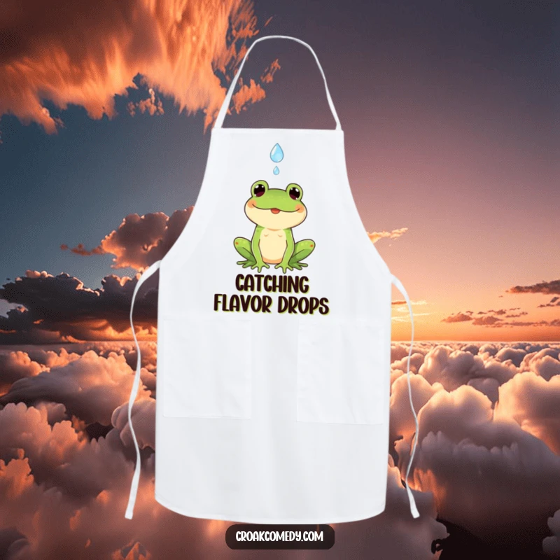 Funny apron showing a happy frog catching a falling raindrop, ideal for kitchen tasks and adding a humorous touch.