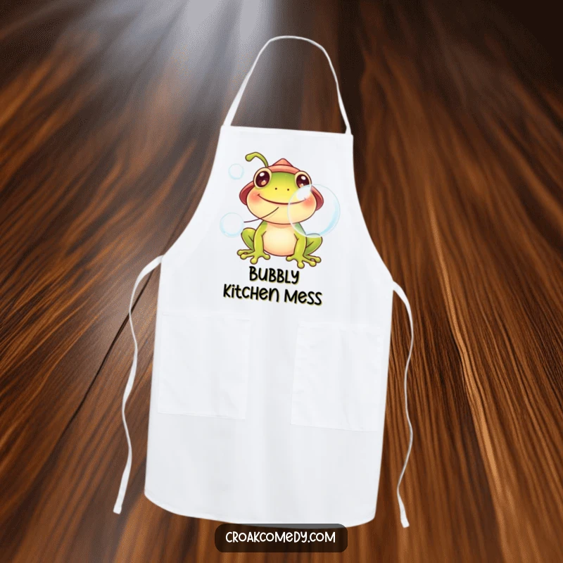 Funny frog apron, wearing a hat, blowing large bubbles, ready for whimsical cooking and baking.