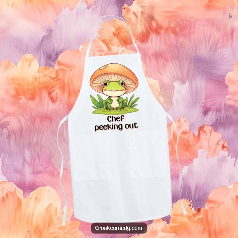 Funny Frog Apron showing a frog peeking with a smile from behind a mushroom, ideal for kitchen fun.