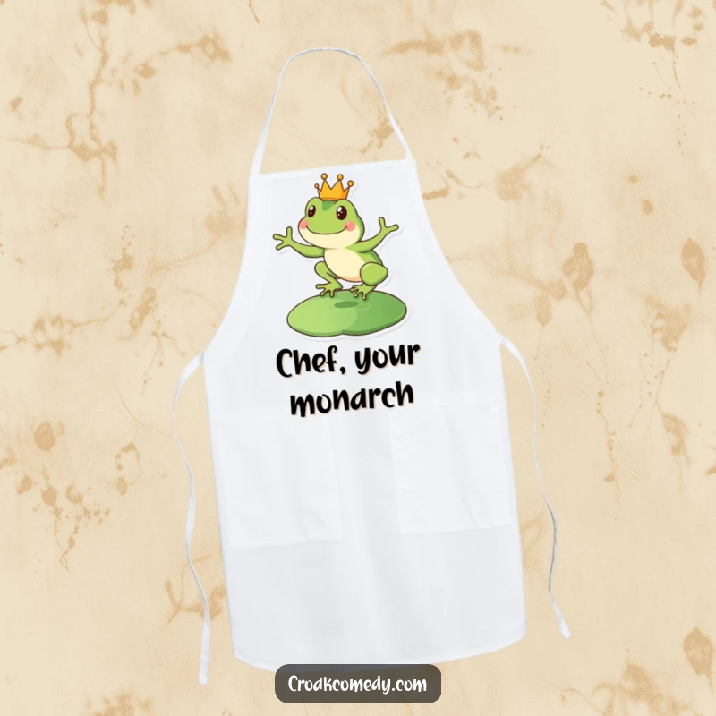 Funny happy frog apron, showing a crowned amphibian leaping onto a lily pad, ready for kitchen command.