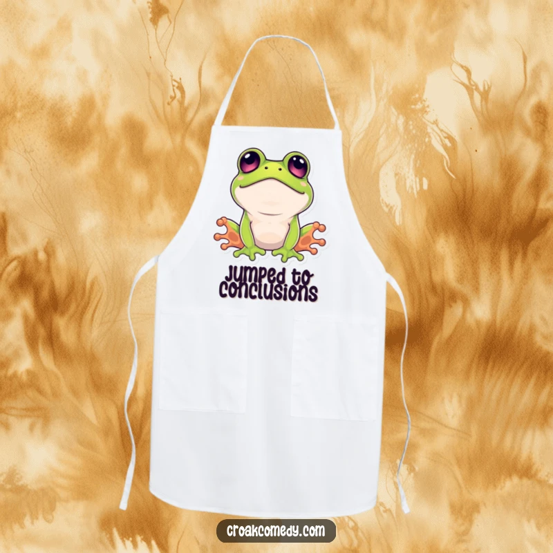 Funny surprised frog apron, showing a comical amphibian with wide, shocked eyes ready for kitchen chaos.