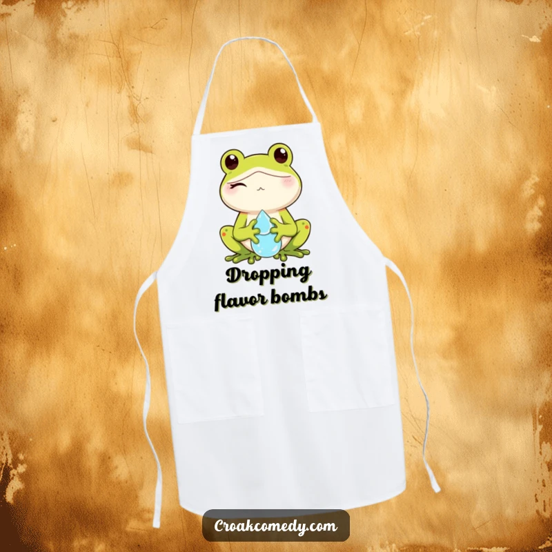 Funny apron designed with a winking frog character holding a dewdrop, adding a playful touch to kitchen tasks.