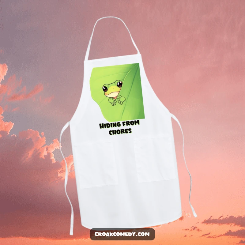 Funny frog peeking from behind a leaf, adding a whimsical and humorous touch to this practical cooking apron.