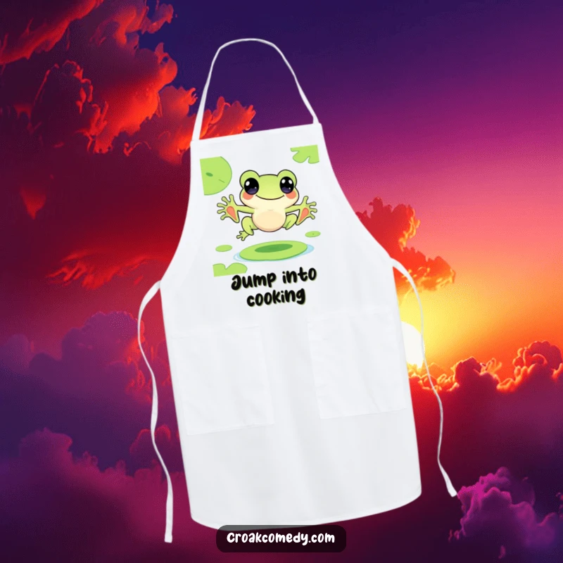 Funny apron showing a cute frog character joyfully leaping from lily pad to lily pad, for cooking.
