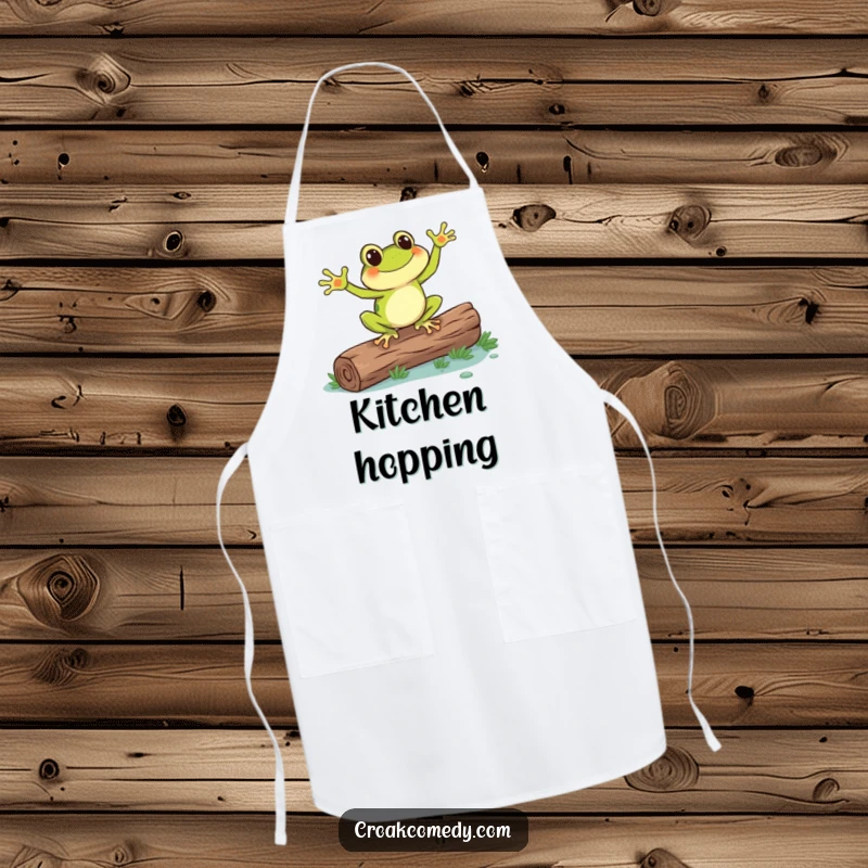 Funny frog doing a cheerful dance on a log, a humorous and practical apron for kitchen fun and culinary creativity.