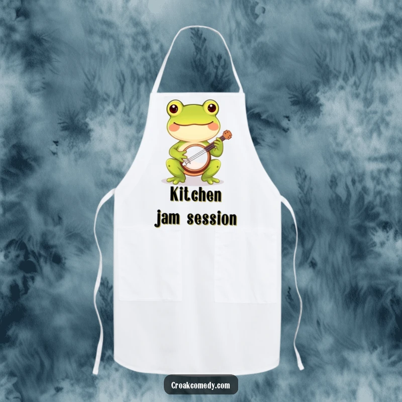 Funny frog apron showing a cheerful frog playing a banjo, a humorous and practical kitchen accessory for music lovers.