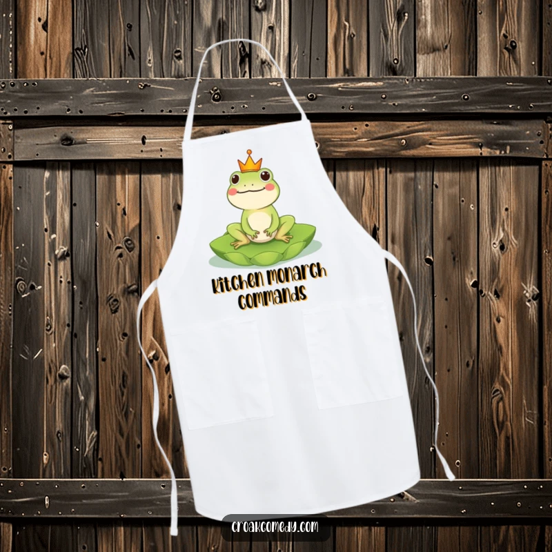 Funny Frog Apron: A crowned frog majestically riding a lily pad, adding royal humor to kitchen tasks, a functional and funny gift.
