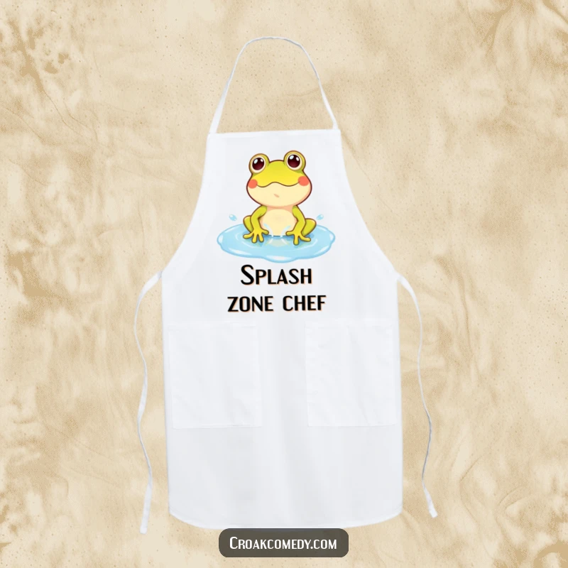Funny Frog Apron: A playful cartoon frog gleefully splashing in a blue puddle, a humorous and functional kitchen item.