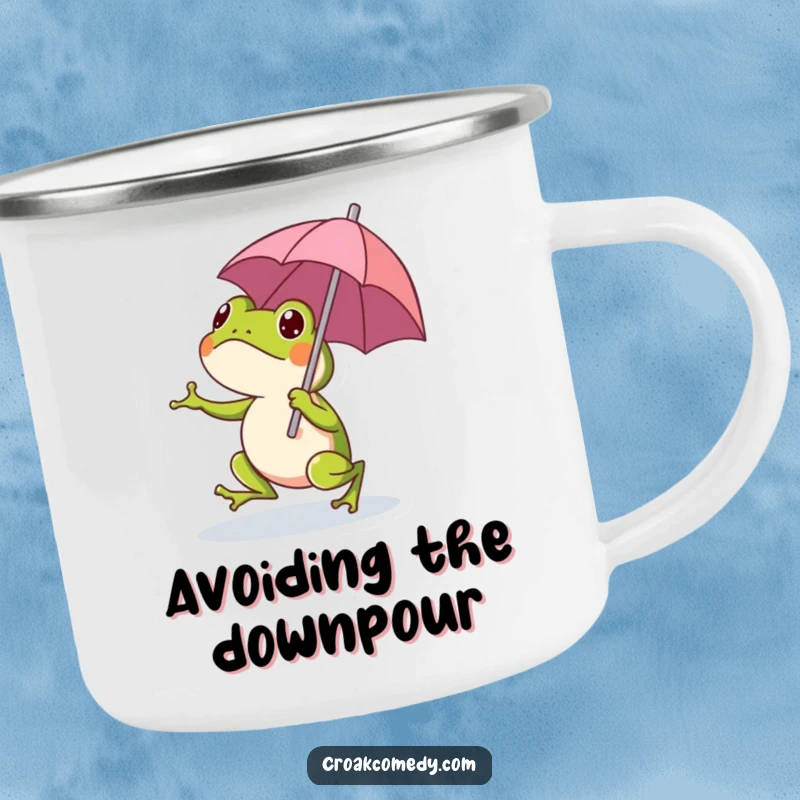 Durable camping mug showcasing a funny frog with a tiny umbrella, ready for outdoor adventures and cheerful sips.