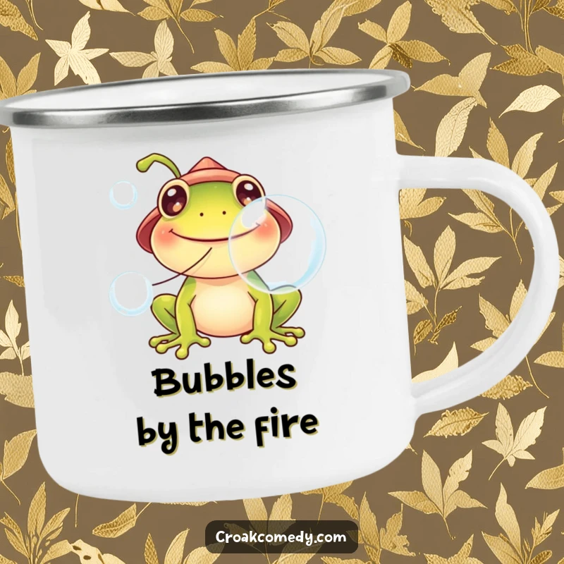 Funny frog camping mug, wearing a hat, blowing large bubbles, perfect for cheerful outdoor sipping.