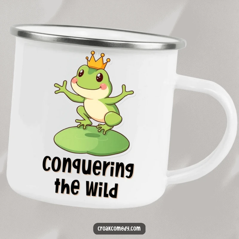 Funny happy frog camping mug, featuring a crowned amphibian leaping onto a lily pad, ready for adventure.