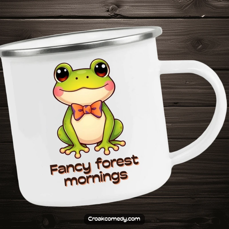 Funny frog wearing a small, colorful bow tie, on a durable camping mug, perfect for outdoor fun and gifts.