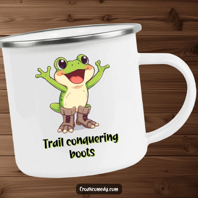 Funny frog camping mug featuring an excited frog wearing oversized boots, designed for outdoor adventure humor.
