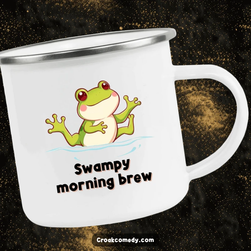 Funny frog camping mug showing a happy frog kicking legs while swimming, perfect for outdoor adventures and adding cheer.