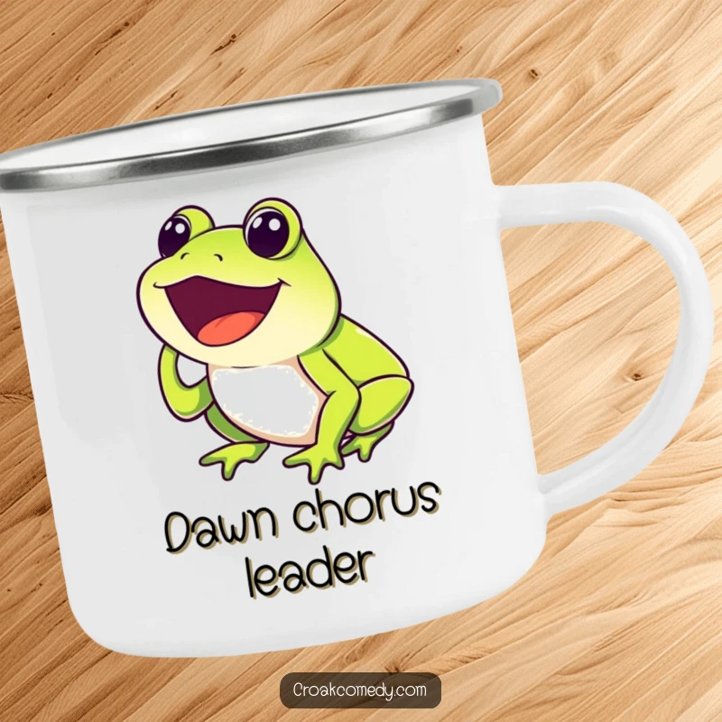 Funny Frog Camping Mug showing a happy frog with mouth open, joyfully croaking, durable and humorous for camping.