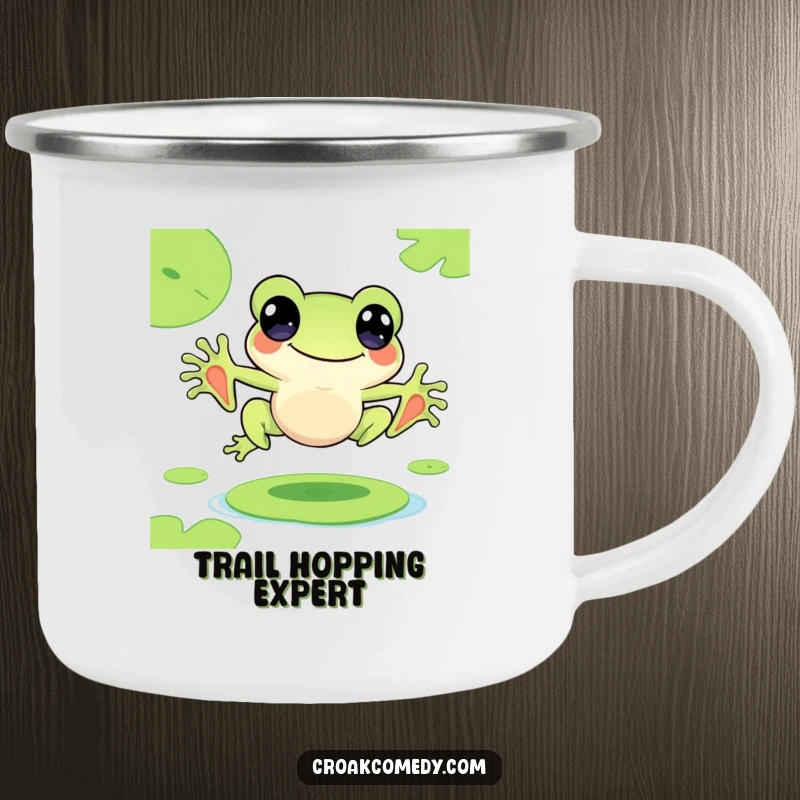 Funny camping mug with a cute frog character joyfully leaping from lily pad to lily pad, for outdoor use.