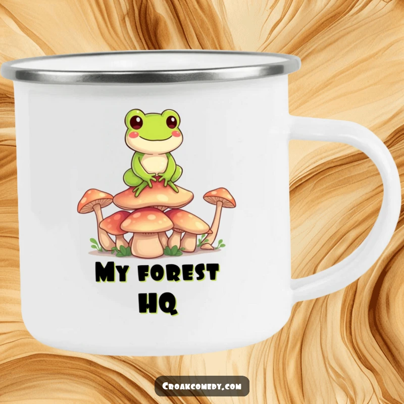 Funny Frog Camping Mug: A happy frog balancing on mushrooms, a humorous and durable companion for outdoor serenity.