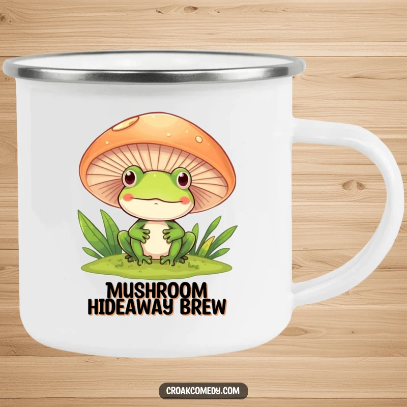 Funny Frog Camping Mug showing a frog peeking from behind a mushroom, designed for outdoor fun.