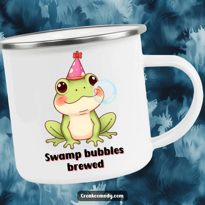 Funny Frog Camping Mug with a party hat, blowing a bubble, ideal for outdoor use and humor.