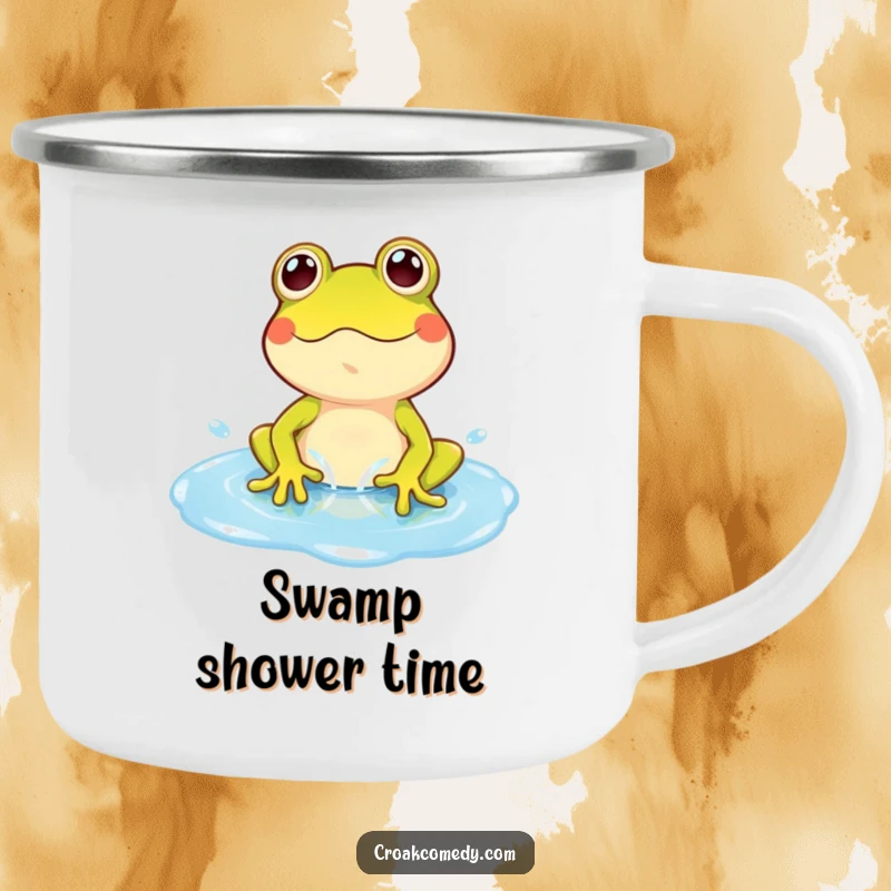 Funny Frog Camping Mug: A playful frog character splashing in a blue puddle, a humorous and sturdy outdoor mug.