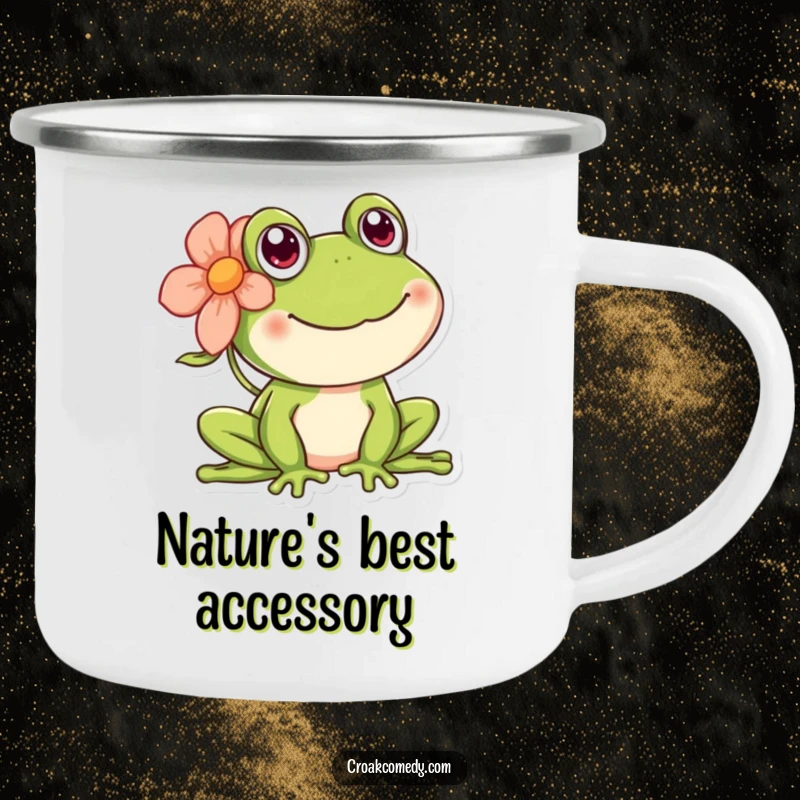 Funny happy frog camping mug, featuring a cheerful amphibian with a flower, perfect for outdoor enthusiasts.