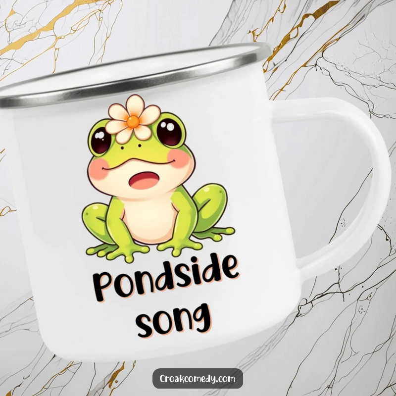 Funny camping mug with a happy frog wearing a flower on its head, joyfully croaking.
