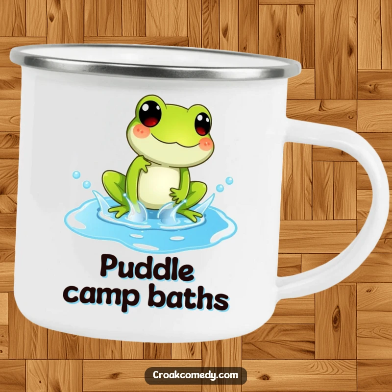 Funny Camping Mug showing a playful frog splashing in a bright blue puddle, for outdoor enjoyment.