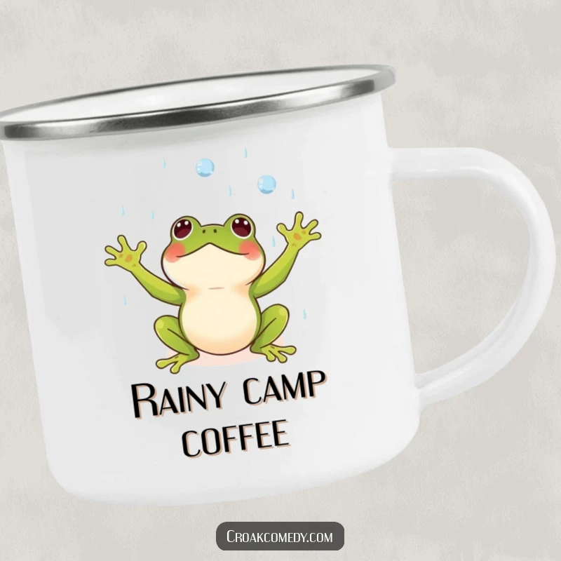 Funny camping mug with a small frog, arms outstretched, joyfully catching raindrops, for outdoor use.