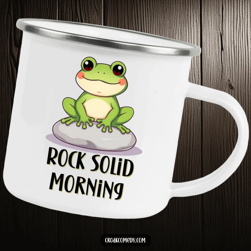 Funny Frog Camping Mug featuring a content frog on a stone, ideal for drinks outdoors with a humorous, durable, and relaxed design.