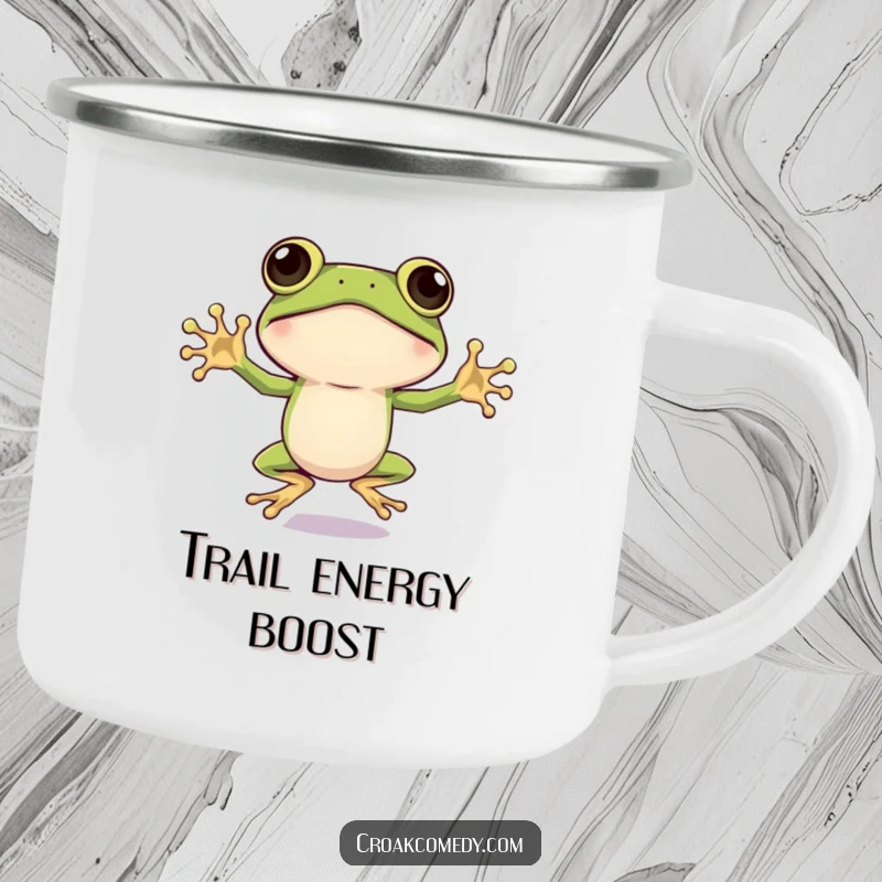 Funny Frog Camping Mug: An energetic, big-eyed frog doing a jumping jack, perfect for your active outdoor adventures, a funny gift.