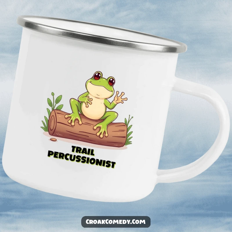 Funny enamel camping mug featuring a frog with large feet tapping a log, perfect for sipping drinks outdoors.