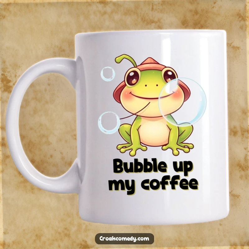 Funny frog mug, wearing a tiny hat, happily blowing large, iridescent bubbles, exuding pure joy and playfulness.