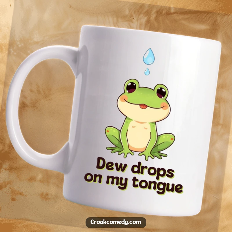 Funny mug with a cheerful frog happily catching a single falling raindrop, conveying a sense of simple joy and delight.