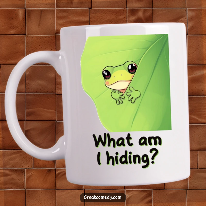 Funny frog peeking curiously from behind a large green leaf, a delightful and humorous illustration for this mug.