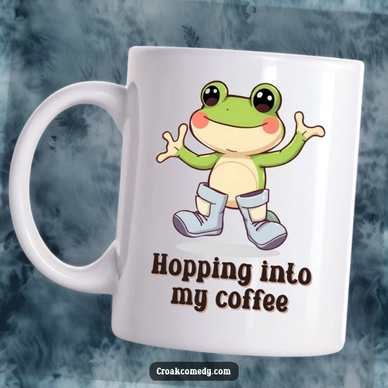 Funny frog mug, oversized boots, joyful hopping, happy amphibian, nature adventure, cute cartoon character.