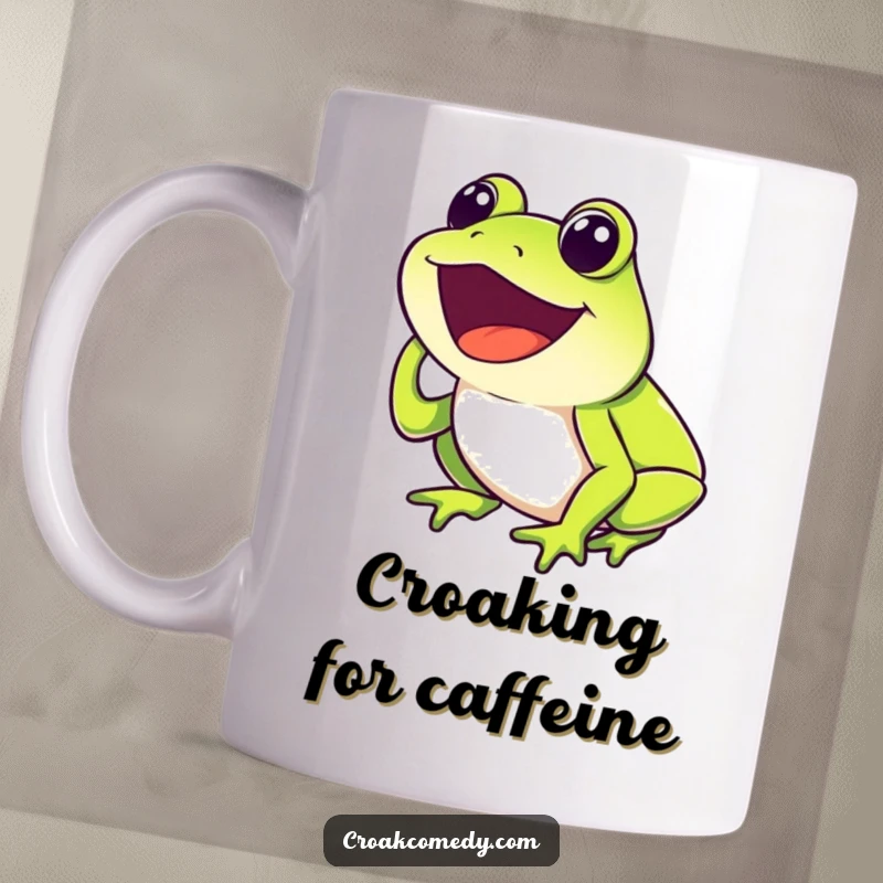Funny Frog Mug showing a happy frog with mouth open, joyfully croaking, a humorous and loud gift.