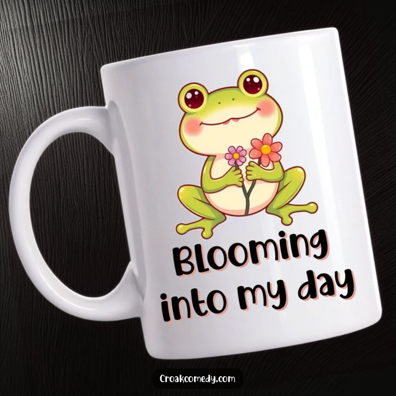 Funny Frog Mug showing a cheerful frog holding a flower, legs spread wide in pure happiness, a delightful gift item.