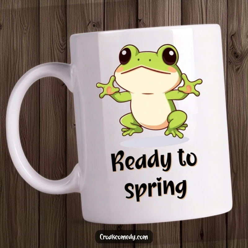 Funny Frog Mug featuring an eager frog winking, poised for a long jump, radiating playful energy and anticipation.
