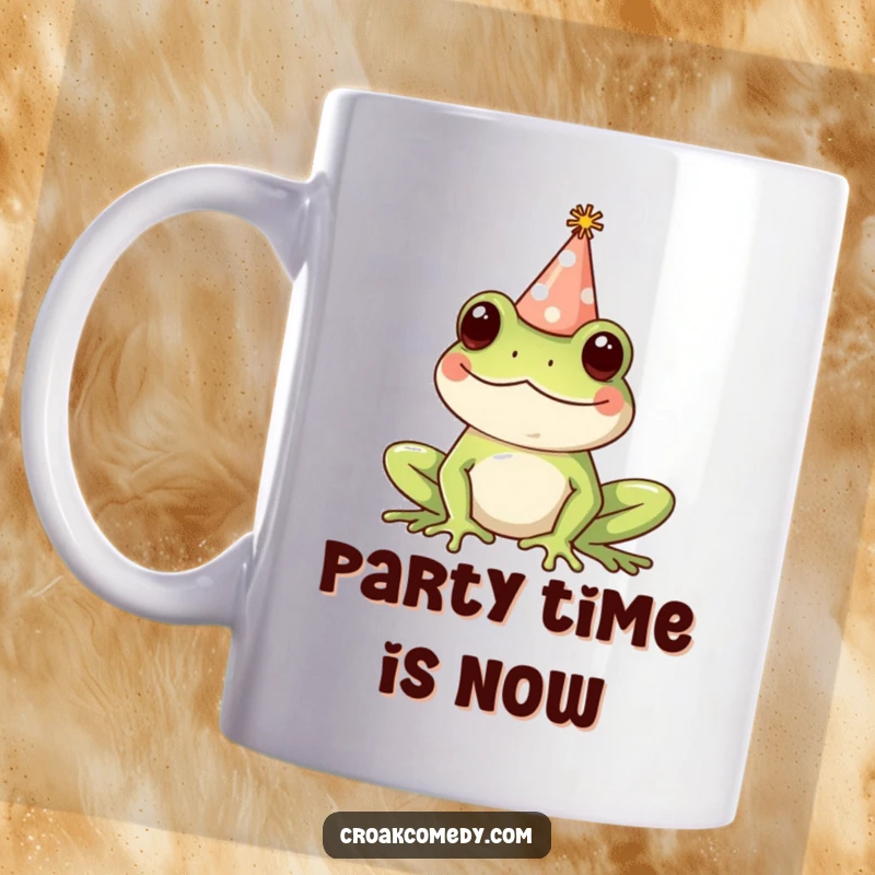 Funny Mug: A happy frog joyfully wearing a tiny, colorful party hat, radiating cheerful celebration and a fun-loving attitude.
