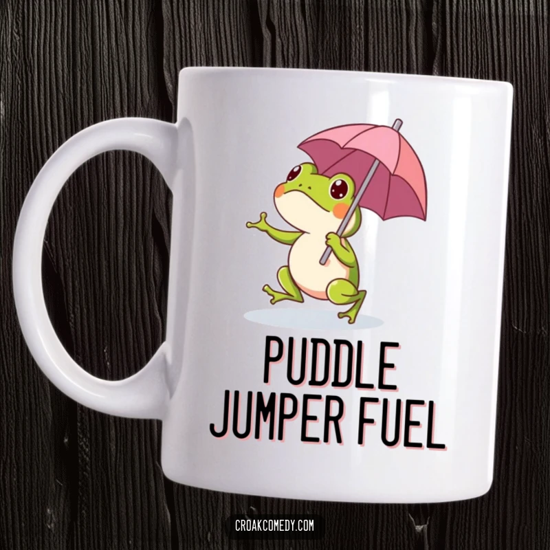 Funny frog with a tiny umbrella hopping across a mug, showcasing a cheerful and whimsical rainy day vibe.