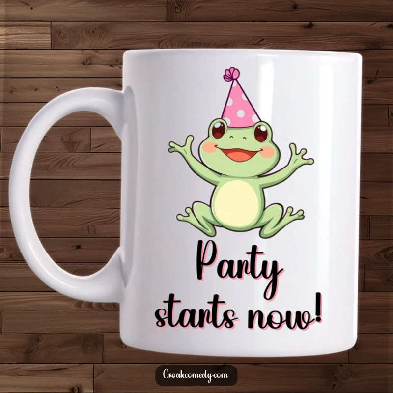Funny mug showing a frog wearing a small party hat, captured mid-leap with an expression of extreme joy and excitement.