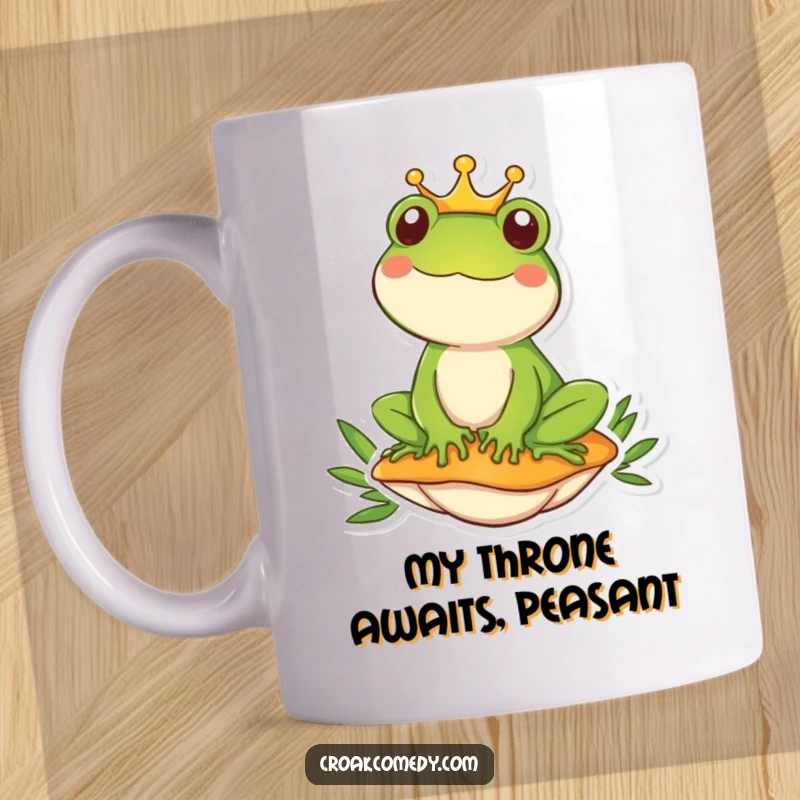 Funny frog wearing a golden crown sits regally on a vibrant mushroom, exuding playful royalty on this mug.
