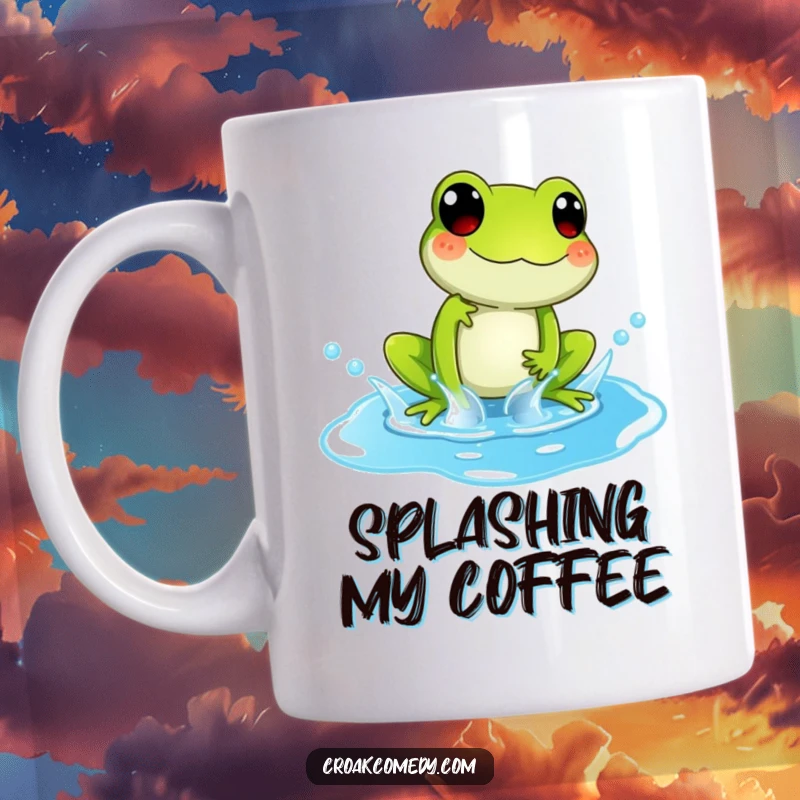 Funny Mug of a playful frog gleefully splashing in a bright blue puddle, radiating pure happiness.