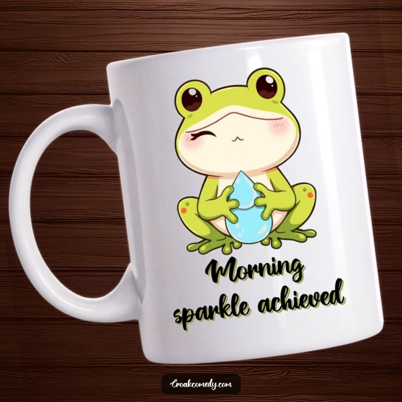 Funny mug featuring a winking frog character delicately holding a sparkling dewdrop, conveying mischievous delight.