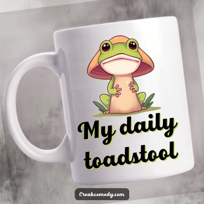 Funny frog mushroom mug, a curious frog peeking from behind a large whimsical mushroom, suggesting mystery and playful discovery.