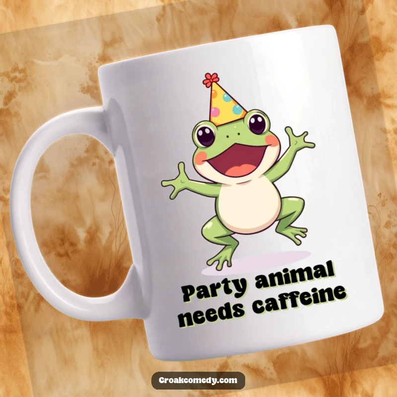 Funny Frog Mug: Cute amphibian in a party hat, joyfully hopping, celebrating with infectious excitement, a perfect funny gift.