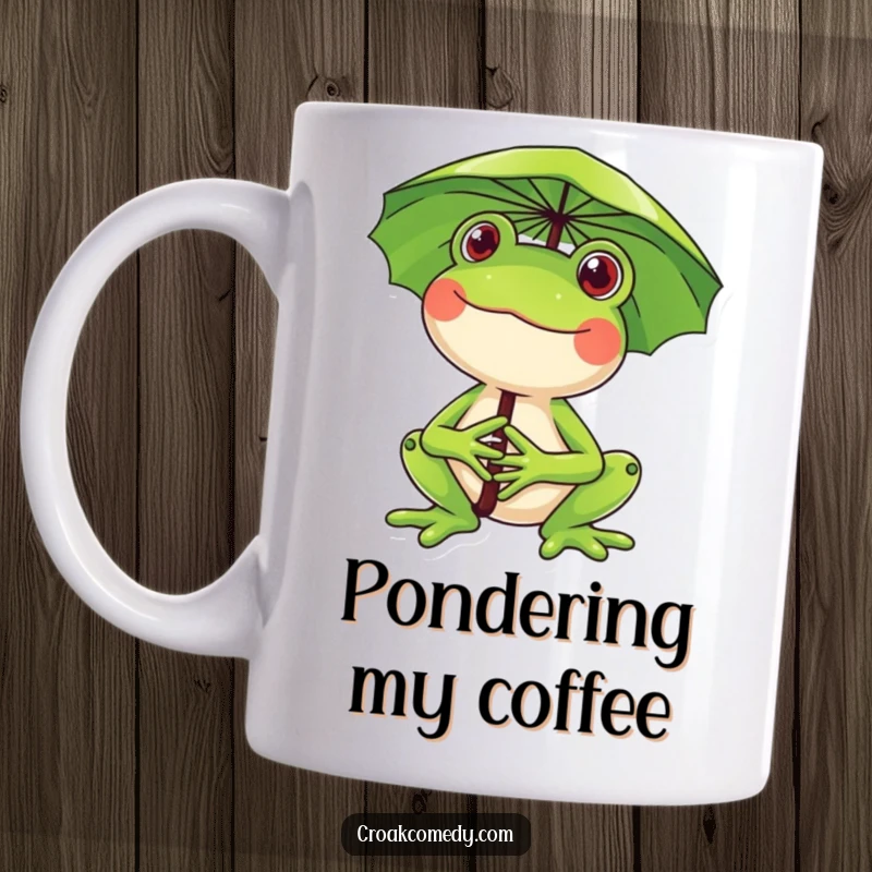 Funny frog mug, a happy character holding a lily pad as an umbrella, smiling cheerfully, ready for any weather.